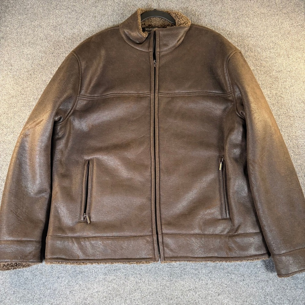 Weatherproof Mens Faux Shearling Bomber Jacket Brown Full Zip L WPL 11590